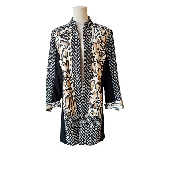 Chicos Sz 2 LARGE Black‎ Tan Animal Stretch Mix It UP Long Duster Jacket Coat - Picture 1 of 6